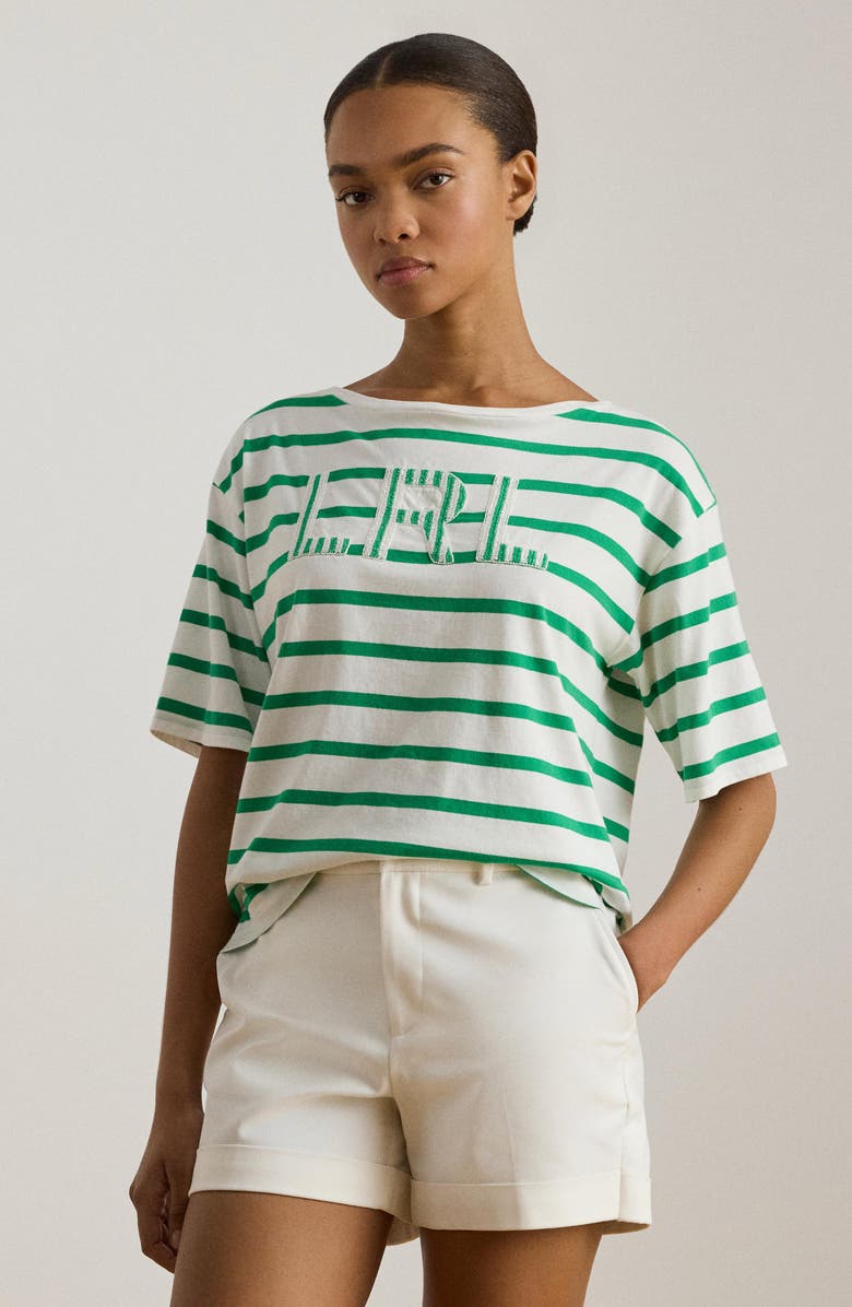 Lauren Ralph Lauren Beaded Logo Stripe Short Sleeve T-Shirt, Alternate, color, White/ Stem