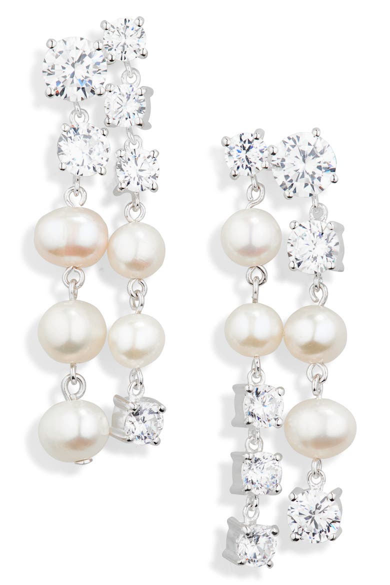 Cubic Zirconia & Freshwater Pearl Drop Earrings, Main, color, SILVER PLATED