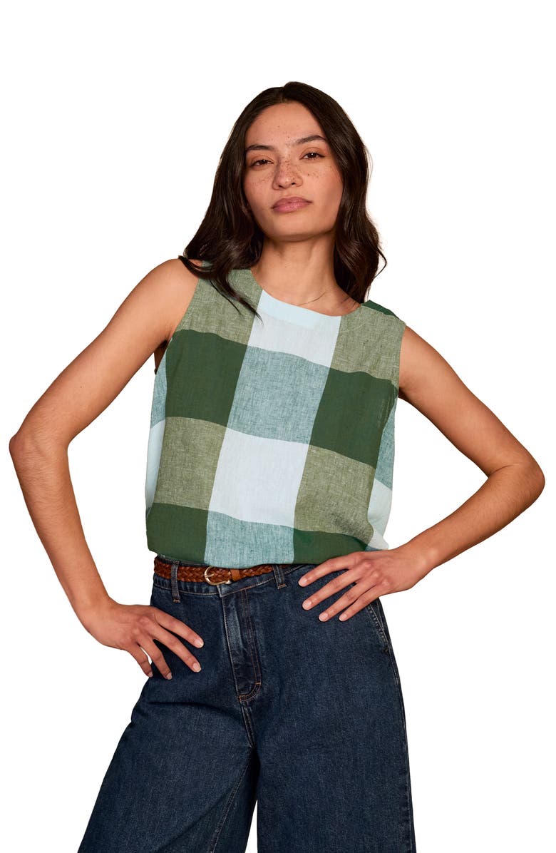 Celtic & Co. Sleeveless Pleat Back Cotton Blouse, Main, color, Green Multi Check