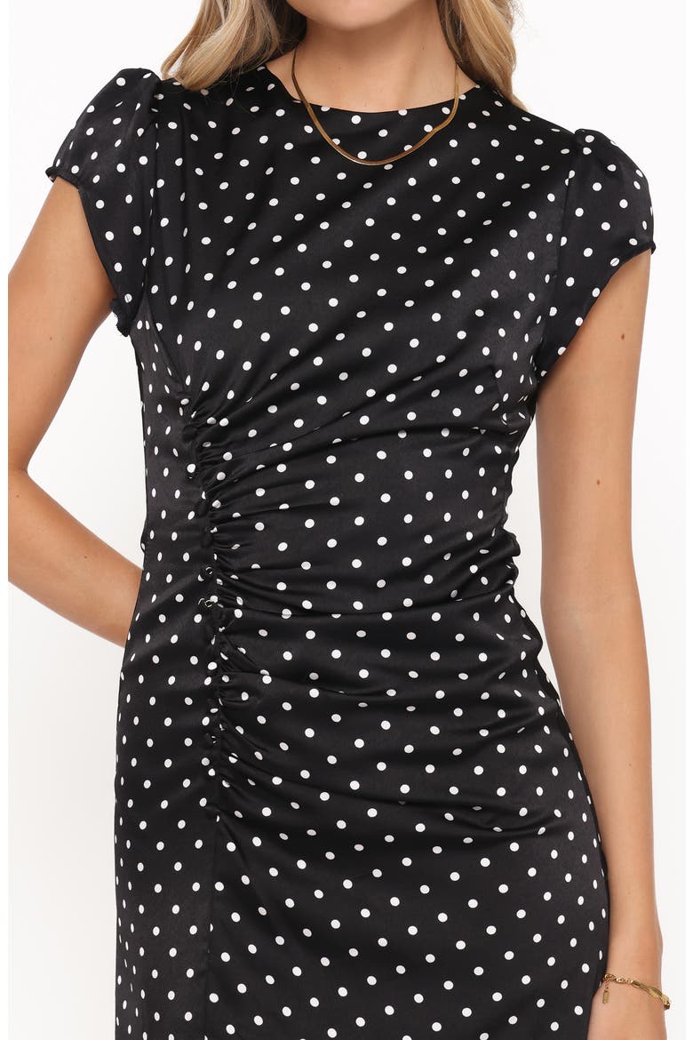 Lisbeth Polka Dot Cap Sleeve Satin Midi Dress, Alternate, color, BLACK POLKA DOT