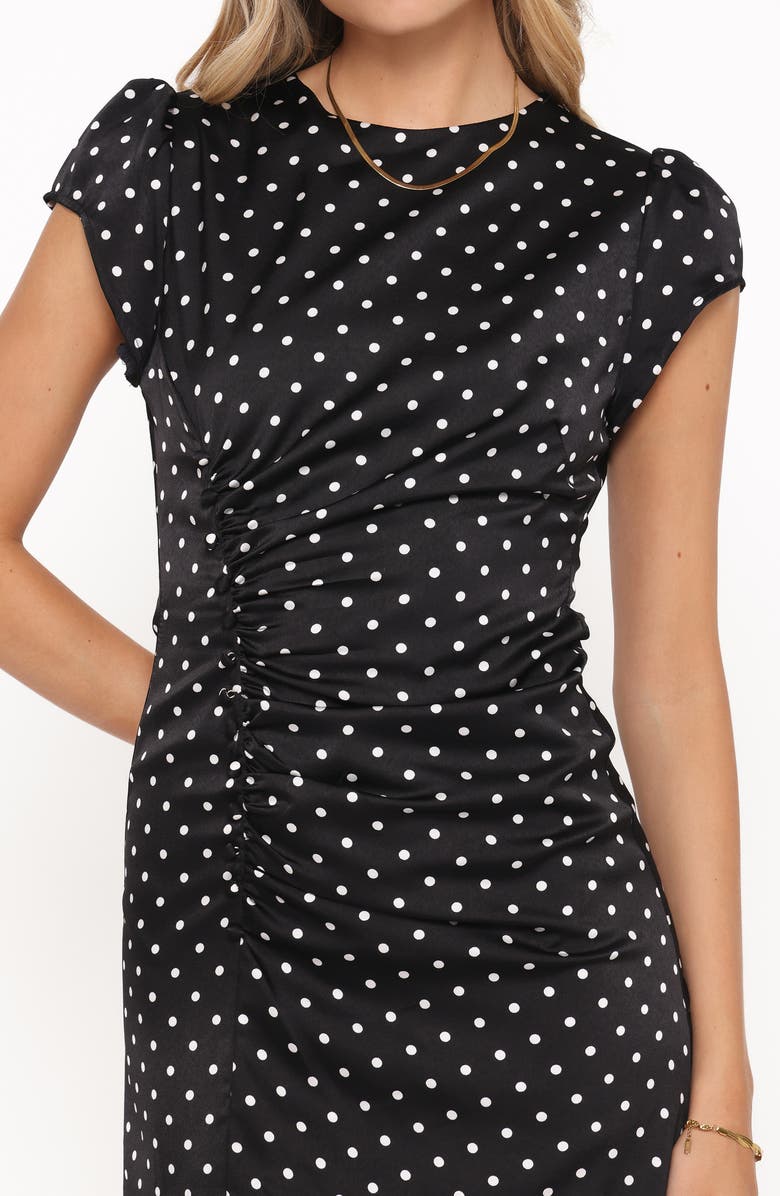 Petal & Pup Lisbeth Polka Dot Cap Sleeve Satin Midi Dress, Alternate, color, Black Polka Dot