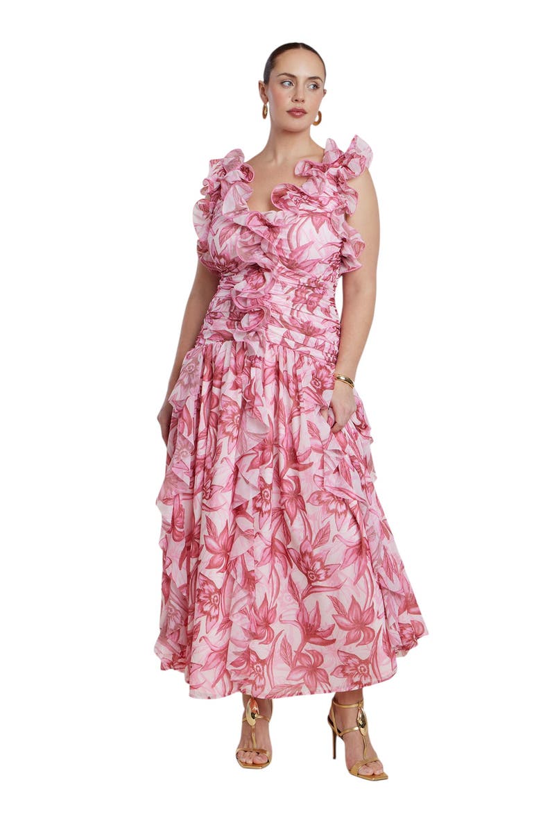 ELOQUII Patbo X Eloquii Fringe Maxi Dress, Main, color, Saffron Blooms