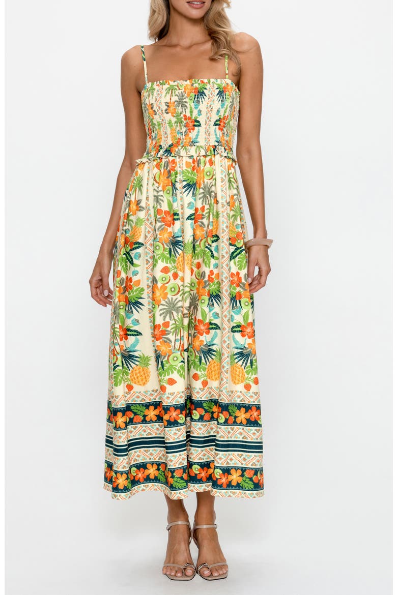 Tropical Print Smocked Midi Dress, Main, color, ORANGE