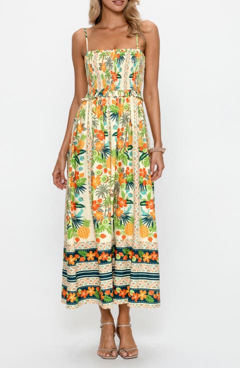 Tropical Print Smocked Midi Dress