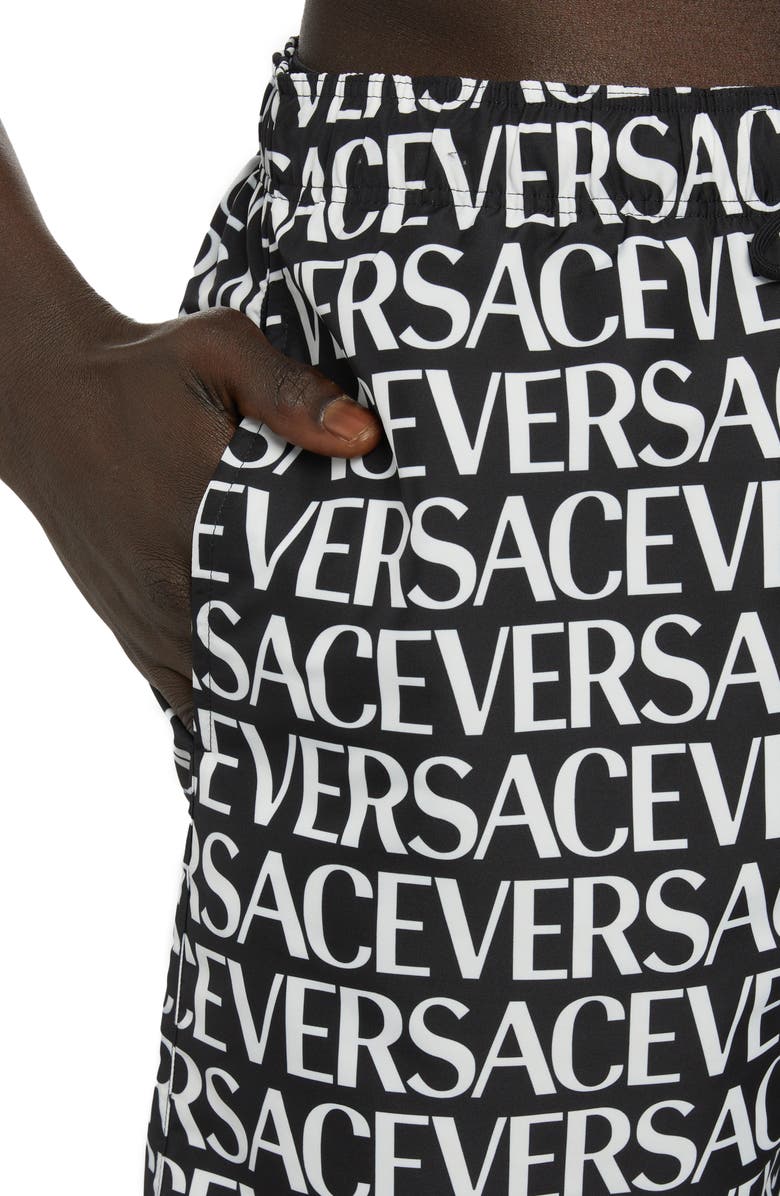Versace Logo Print Swim Trunks, Alternate, color,
