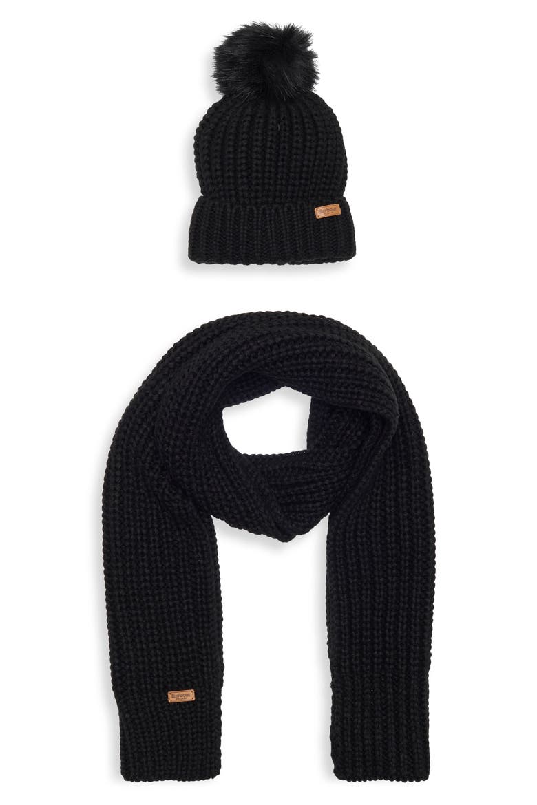 Saltburn Faux Fur Pompom Beanie & Scarf Set, Alternate, color, BLACK