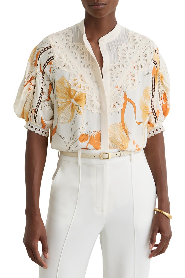 Louisa Cutwork Overlay Floral Button-Up Shirt, Main, color, IVORY/ PINK