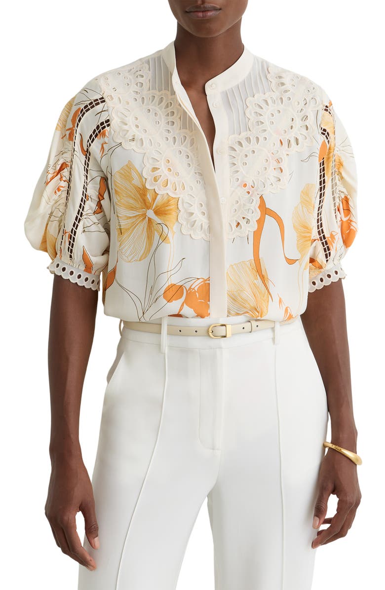 Reiss Louisa Cutwork Overlay Floral Button-Up Shirt, Main, color, Ivory/ Pink