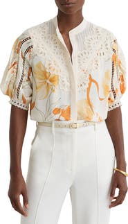 Reiss Louisa Cutwork Overlay Floral Button-Up Shirt