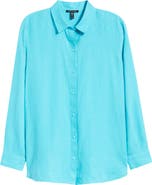 Eileen Fisher Classic Collar Organic Linen Long Button-Up Shirt