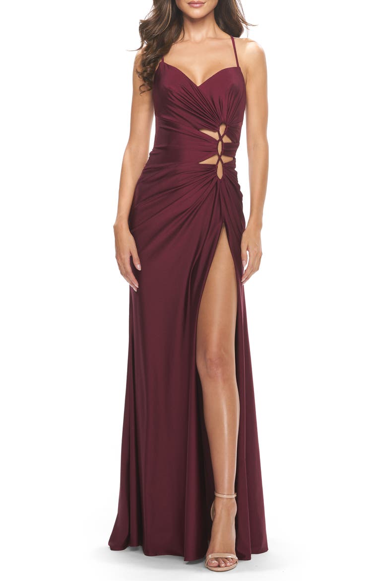 Jersey Long Prom Dress with Trendy Waist Cut Outs, Main, color, Dark Berry