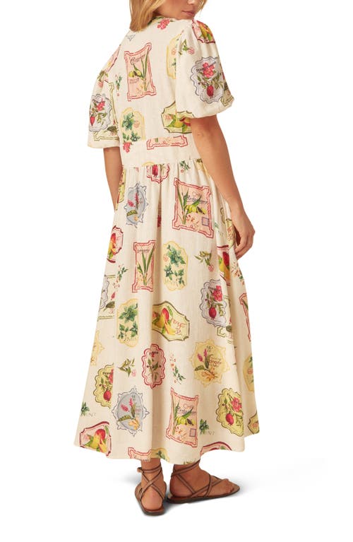Nobody's Child Starlight Printed Puff Sleeve Linen Blend Midi Dress In Multi