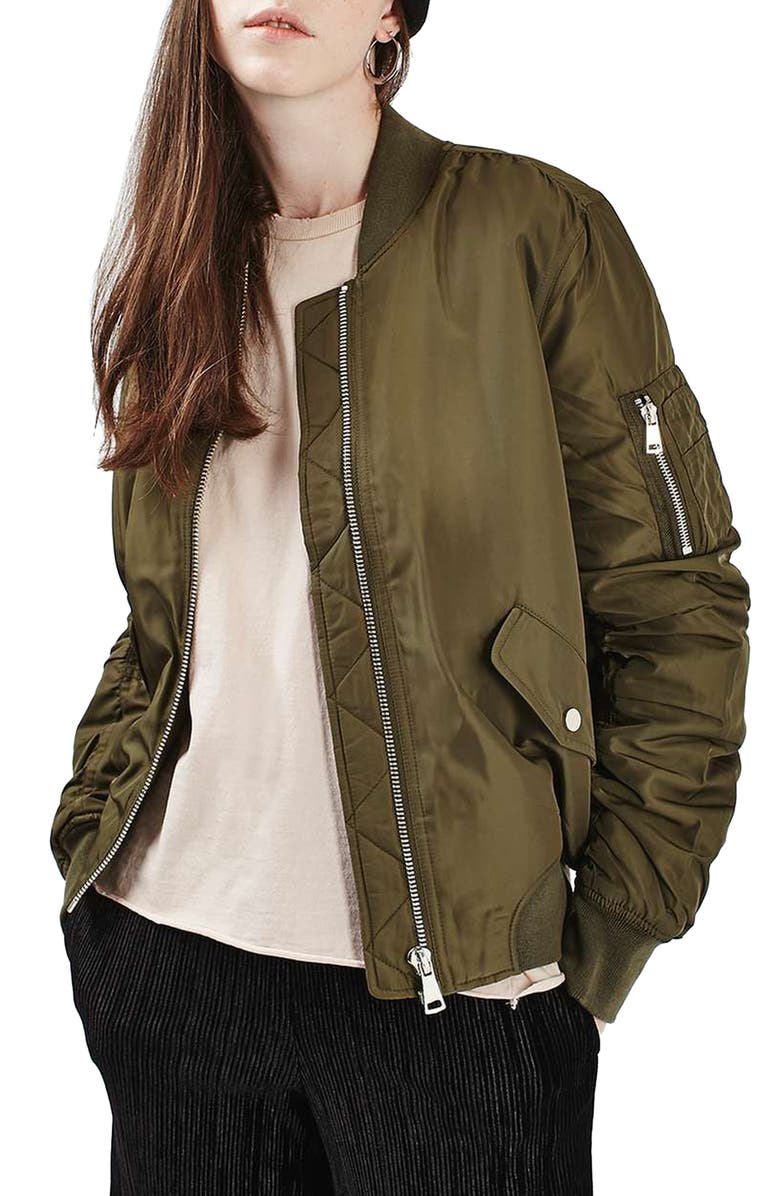 Topshop Leopard Lined Bomber Jacket, Main, color, 