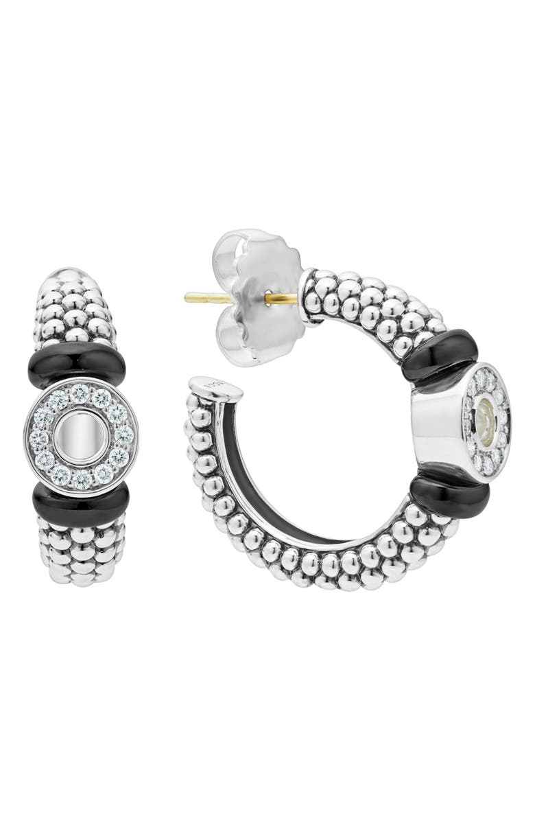 LAGOS Black Caviar Diamond Huggie Hoop Earrings, Alternate, color,