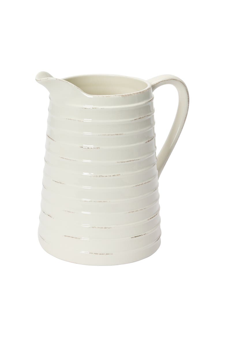 Farmhouse Embossed Stripe Ceramic Pitcher, Distressed White, Main, color, White