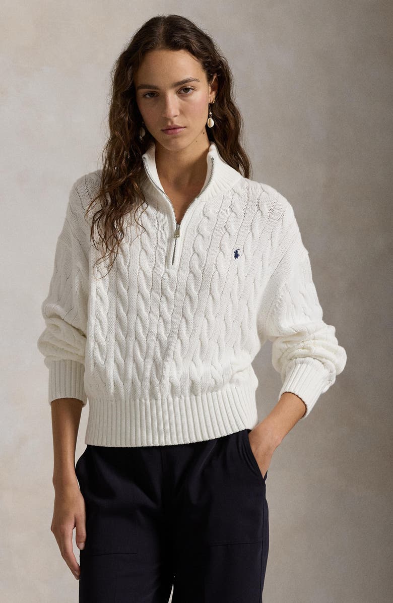 Polo Ralph Lauren Cable Knit Quarter Zip Cotton Sweater, Alternate, color,