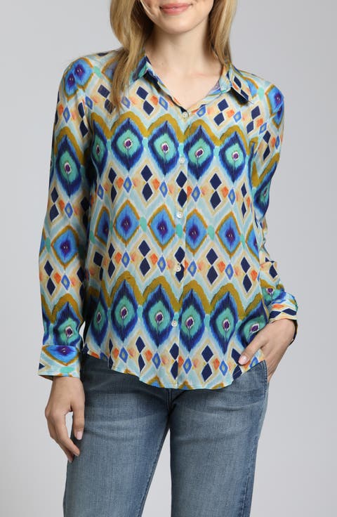 Abstract Print Roll Tab Sleeve Chiffon Button-Up Shirt