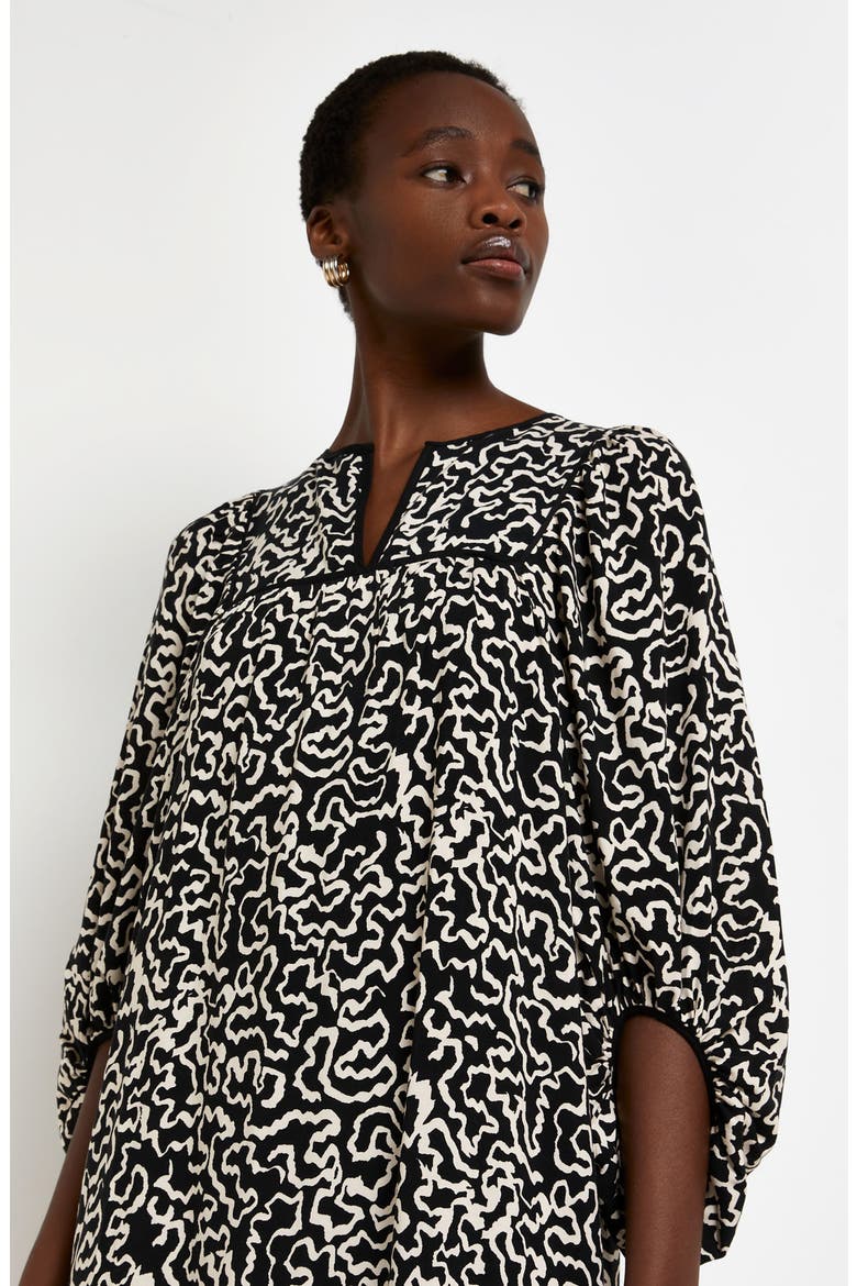 Squiggle Balloon Sleeve Midi Dress, Alternate, color, BLACK