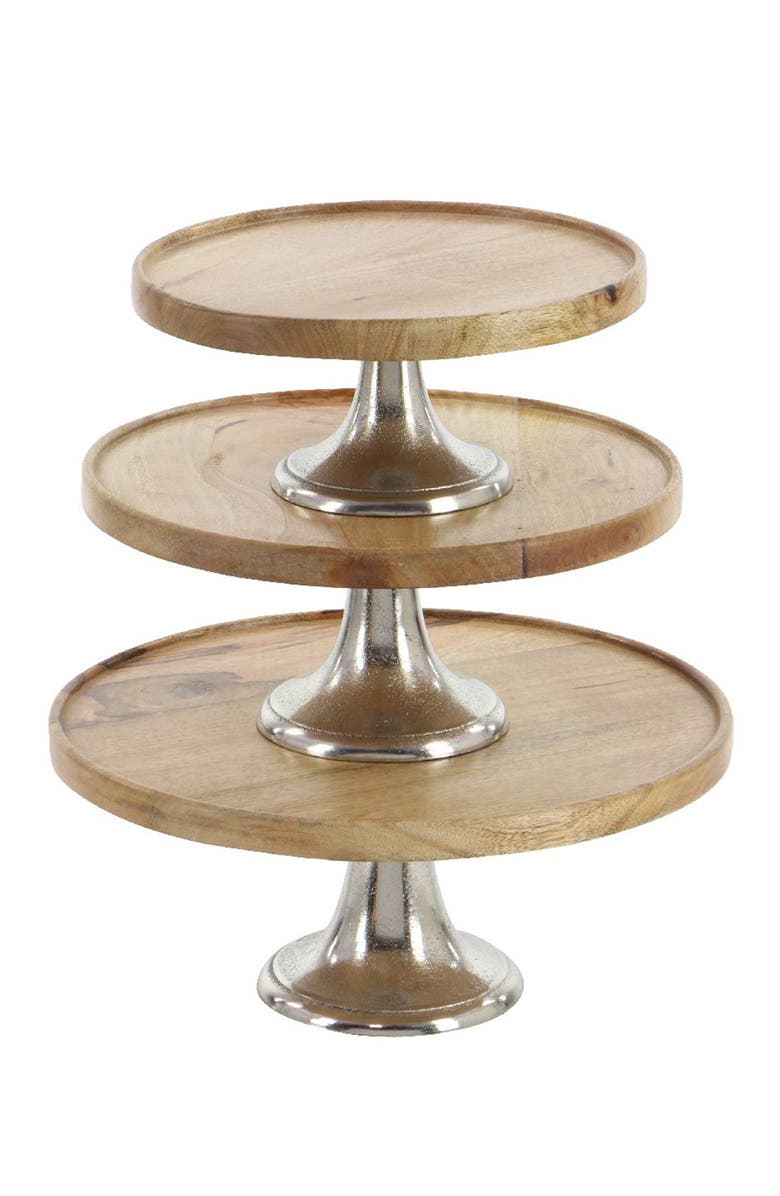 GINGER BIRCH STUDIO Brown Mango Wood Cake Stand with Aluminum Accents - Set of 3, Alternate, color, 