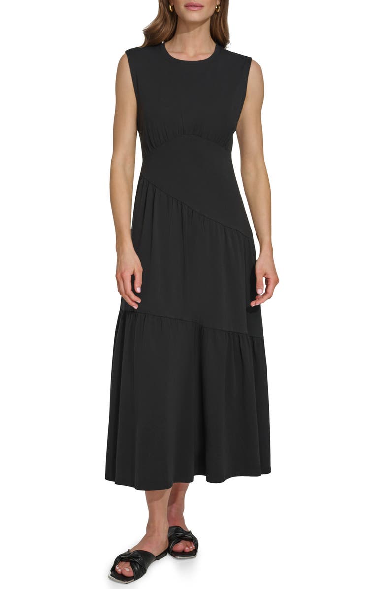 DKNY Gathered Sleeveless Tiered Maxi Dress, Main, color, Black