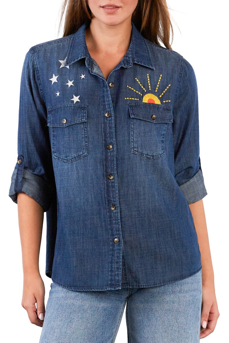 Hello Sunshine Embroidered Button-Up Shirt, Main, color, DUSK DENIM
