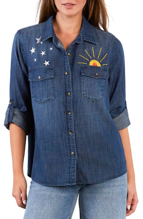 Hello Sunshine Embroidered Button-Up Shirt
