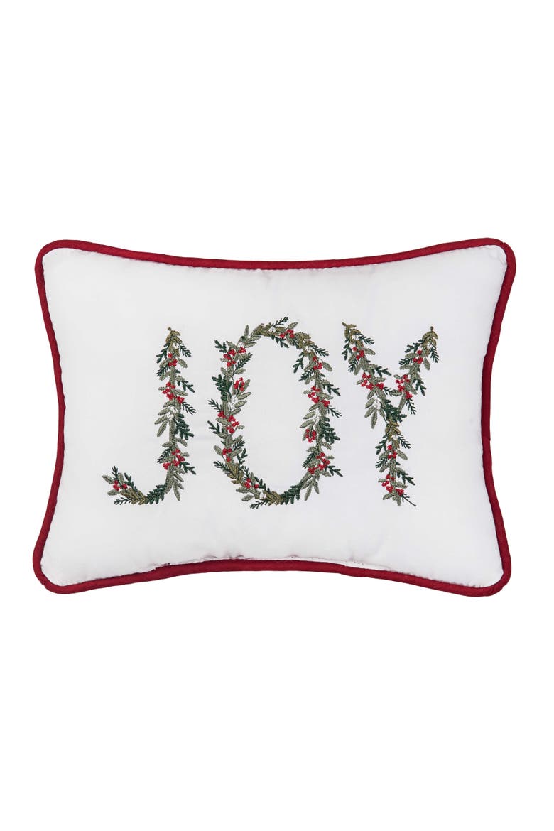 Embroidered Holly Berry Joy Mistletoe Christmas Throw Pillow 9" x 6 5", Main, color, Green