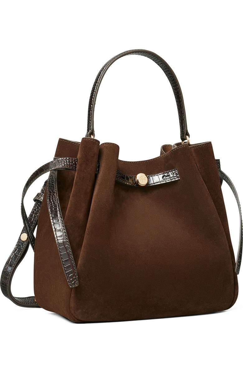 Tory Burch Romy Suede Bucket Bag, Alternate, color, Dark Cocoa