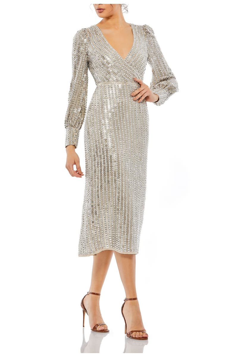 Mac Duggal Long Sleeve Sequined Midi Dress, Main, color, Silver
