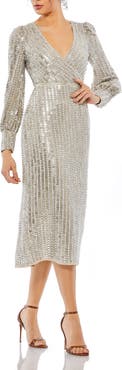 Mac Duggal Long Sleeve Sequined Midi Dress