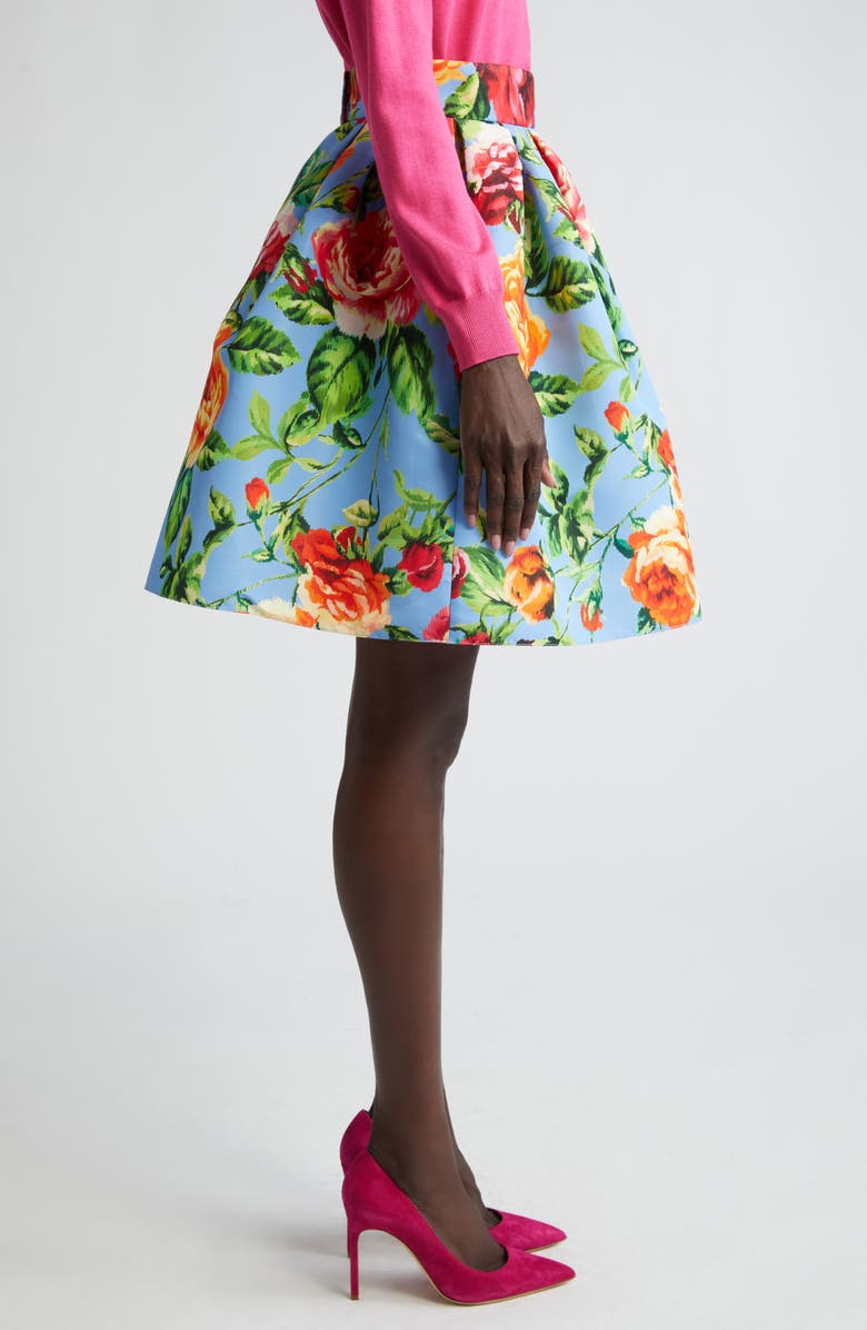 Carolina Herrera Rose Print Faille Skirt, Alternate, color, Lake Blue Multi