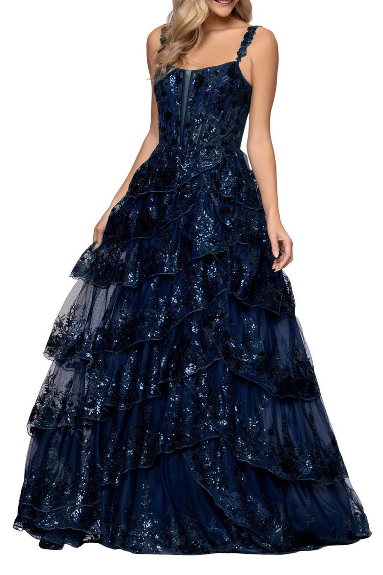 Sequin Tiered Ruffle Ballgown, Main, color, NAVY