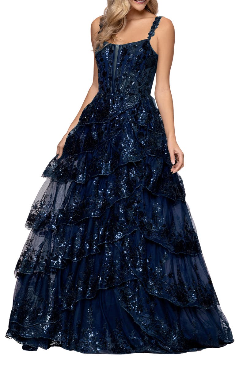 Blondie Nites Sequin Tiered Ruffle Ballgown, Main, color, Navy