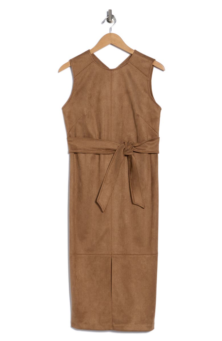 Calvin Klein Belted Faux Suede Midi Sheath Dress, Alternate, color, Luggage