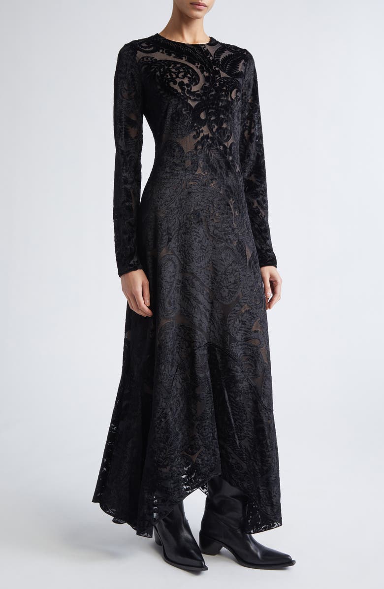 Etro Velvet Paisley Long Sleeve Mesh Midi Dress, Alternate, color, 