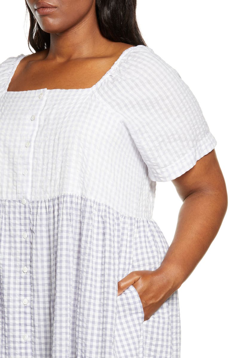 Madewell Patchwork Gingham Button Front Tiered Midi Dress, Alternate, color, 