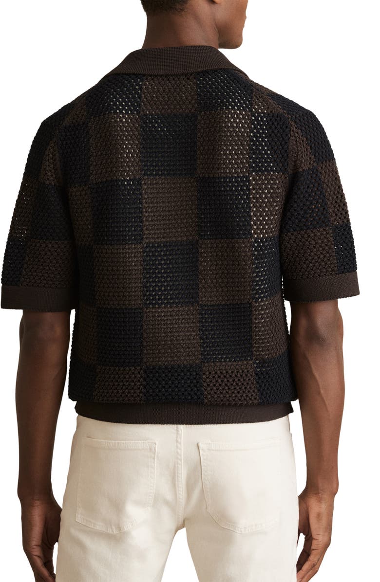 Reiss Alfred Open Knit Short Sleeve Button-Up Shirt, Alternate, color, Chocolate/ Navy