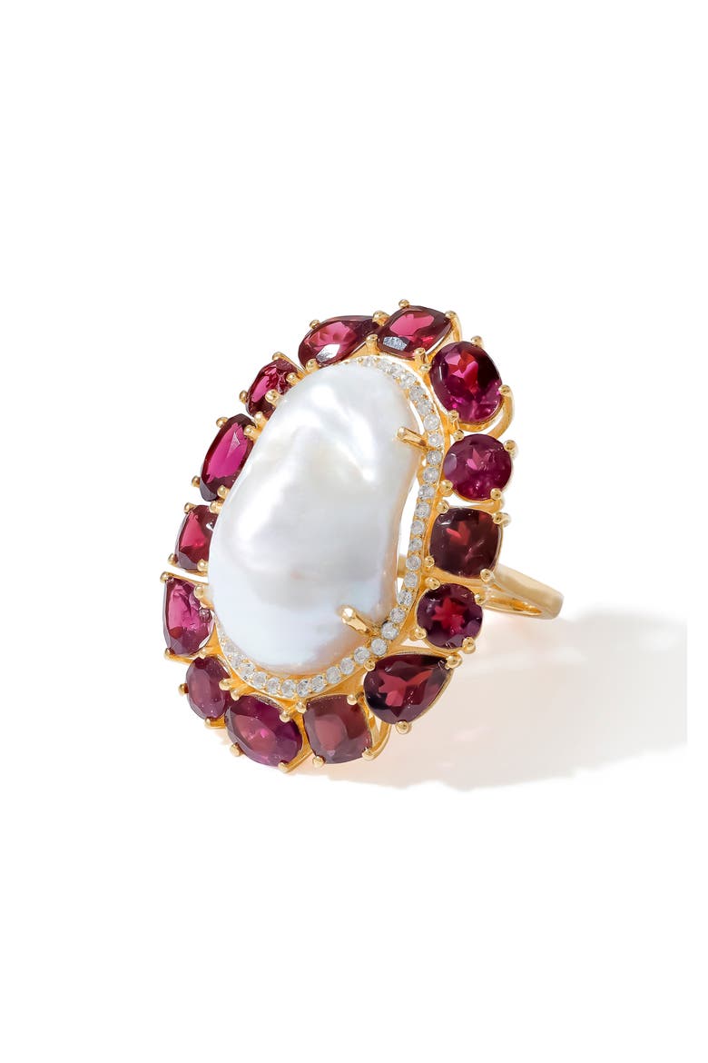 Cultured Pearl & London Blue Topaz Ring, Main, color, RED/WHITE