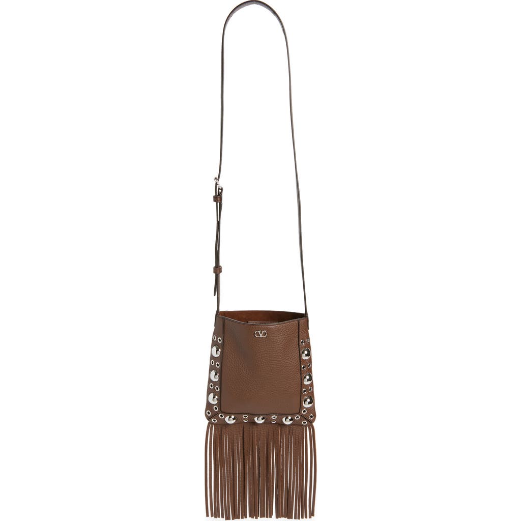 Valentino Garavani Small Nellcôte Fringed Studded Leather Crossbody Bag In Brown