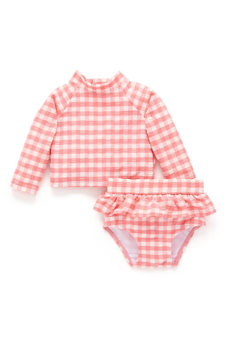 Printed Longsleeve Rashie Swim Set, Main, color, Pomegranate Gingham