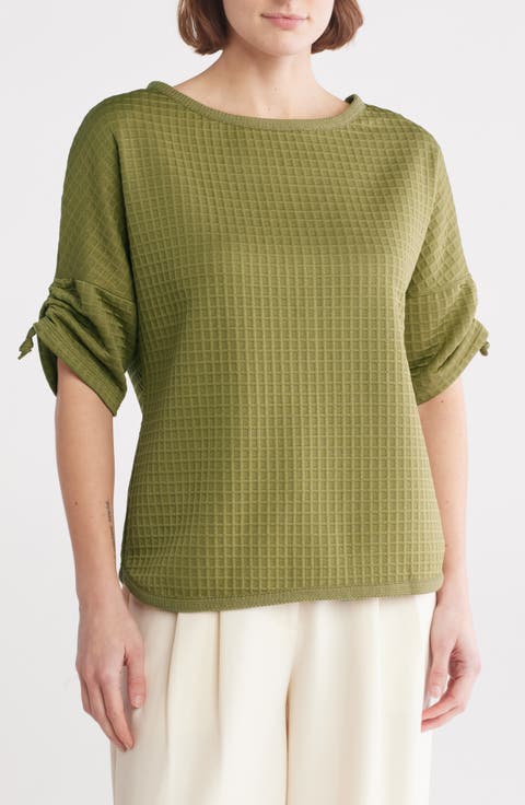 Ruched Elbow Sleeve Waffle Knit Top