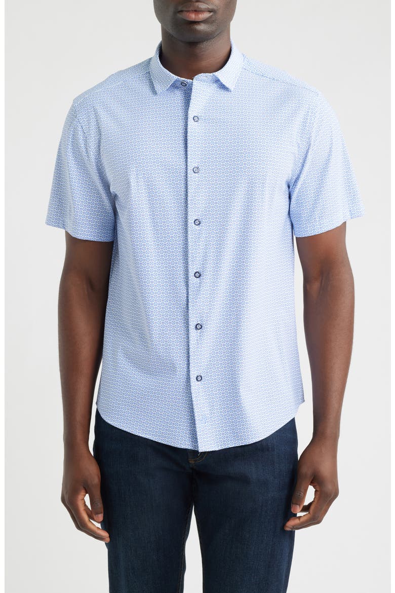 XC+™ Motion Microprint Short Sleeve Performance Knit Button-Up Shirt, Main, color, BLUE DOTTED TILE