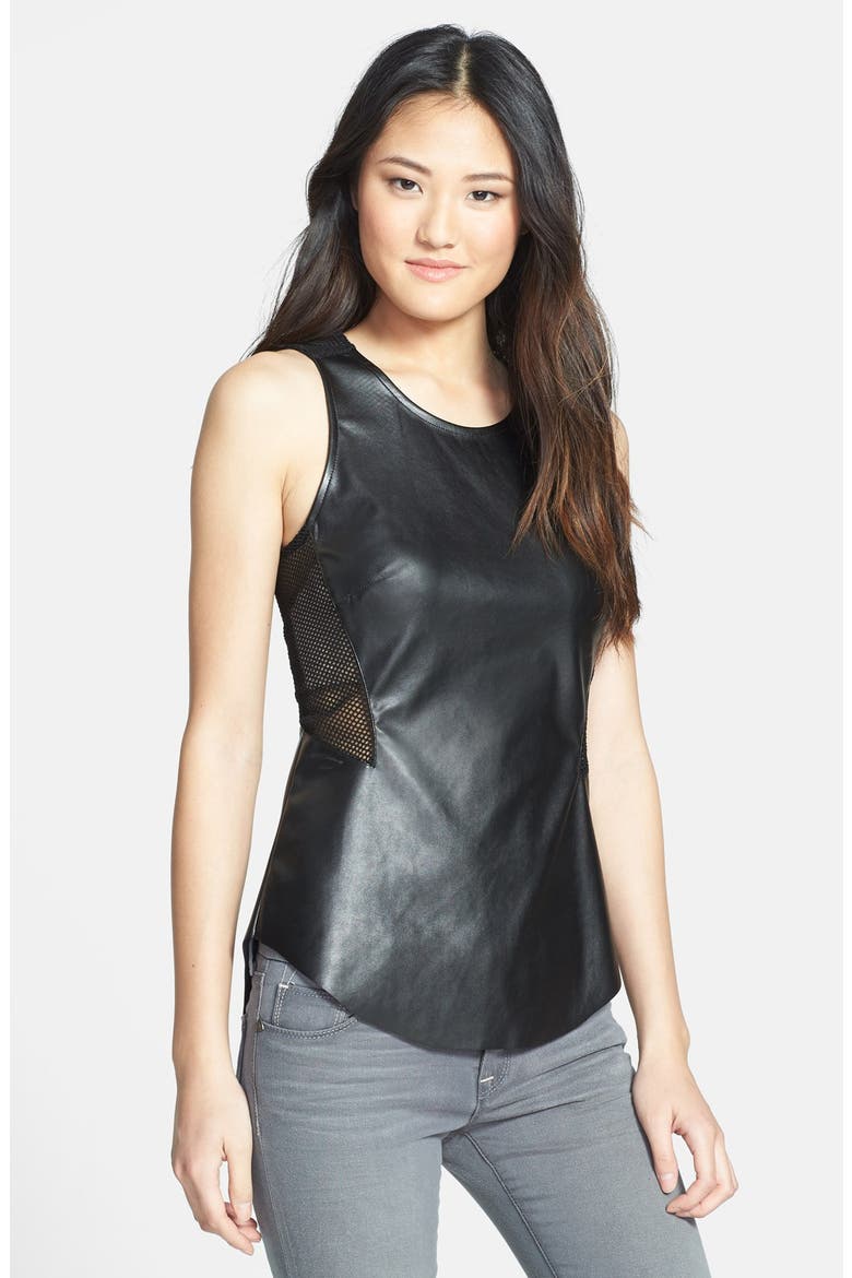 Mesh Inset Faux Leather Tank, Main, color, BLACK