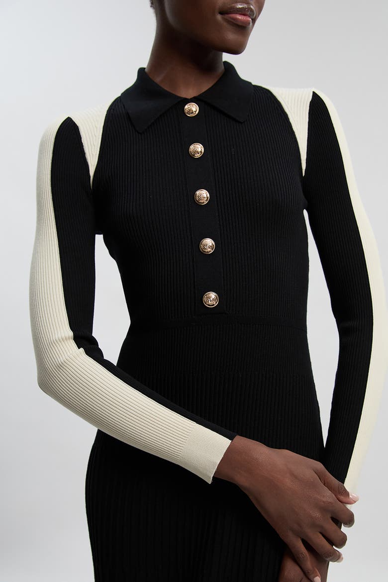 Rib Knit Long Sleeve Military Midi Dress, Alternate, color, Black
