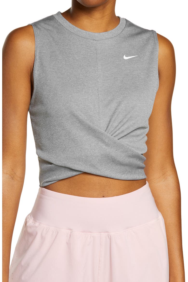 Dry Crop Twist Training Top, Main, color, SMOKE GREY/ HEATHER/ WHITE