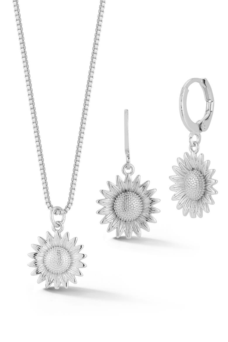 Sunflower Pendant Necklace & Drop Earrings Set, Main, color, SILVER