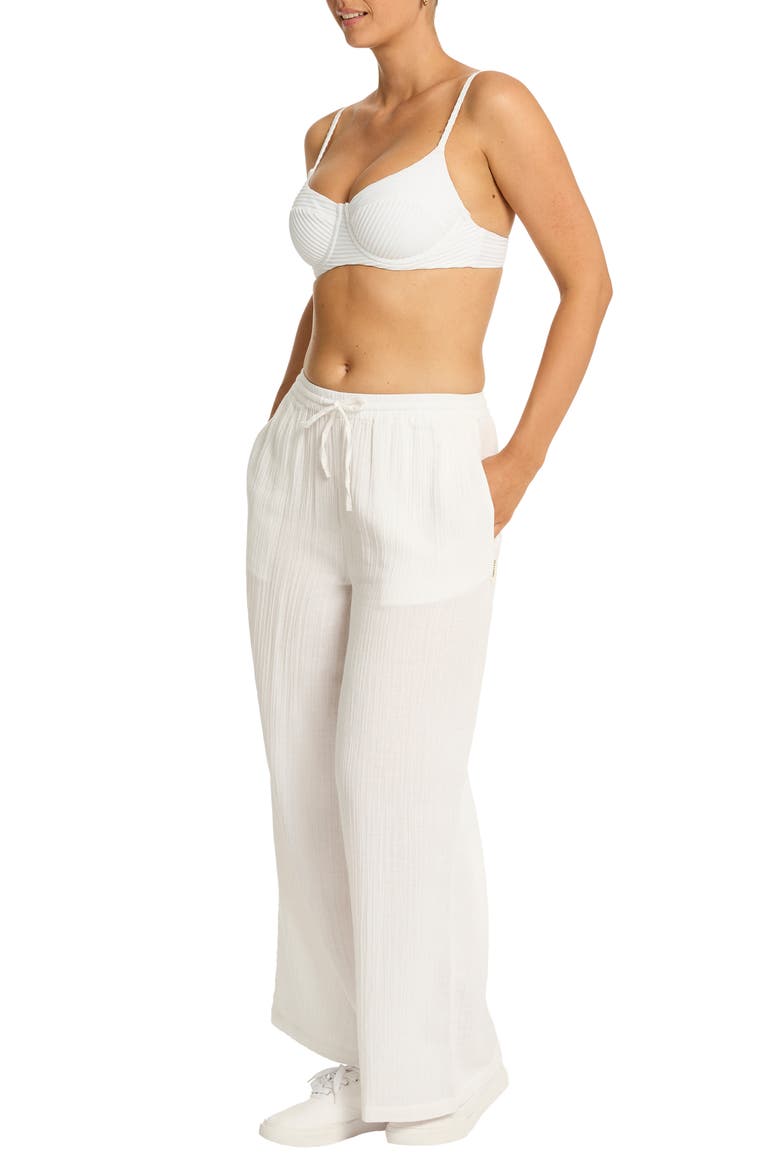Sunset Beach High Waist Cotton Gauze Cover-Up Pants, Alternate, color, WHITE