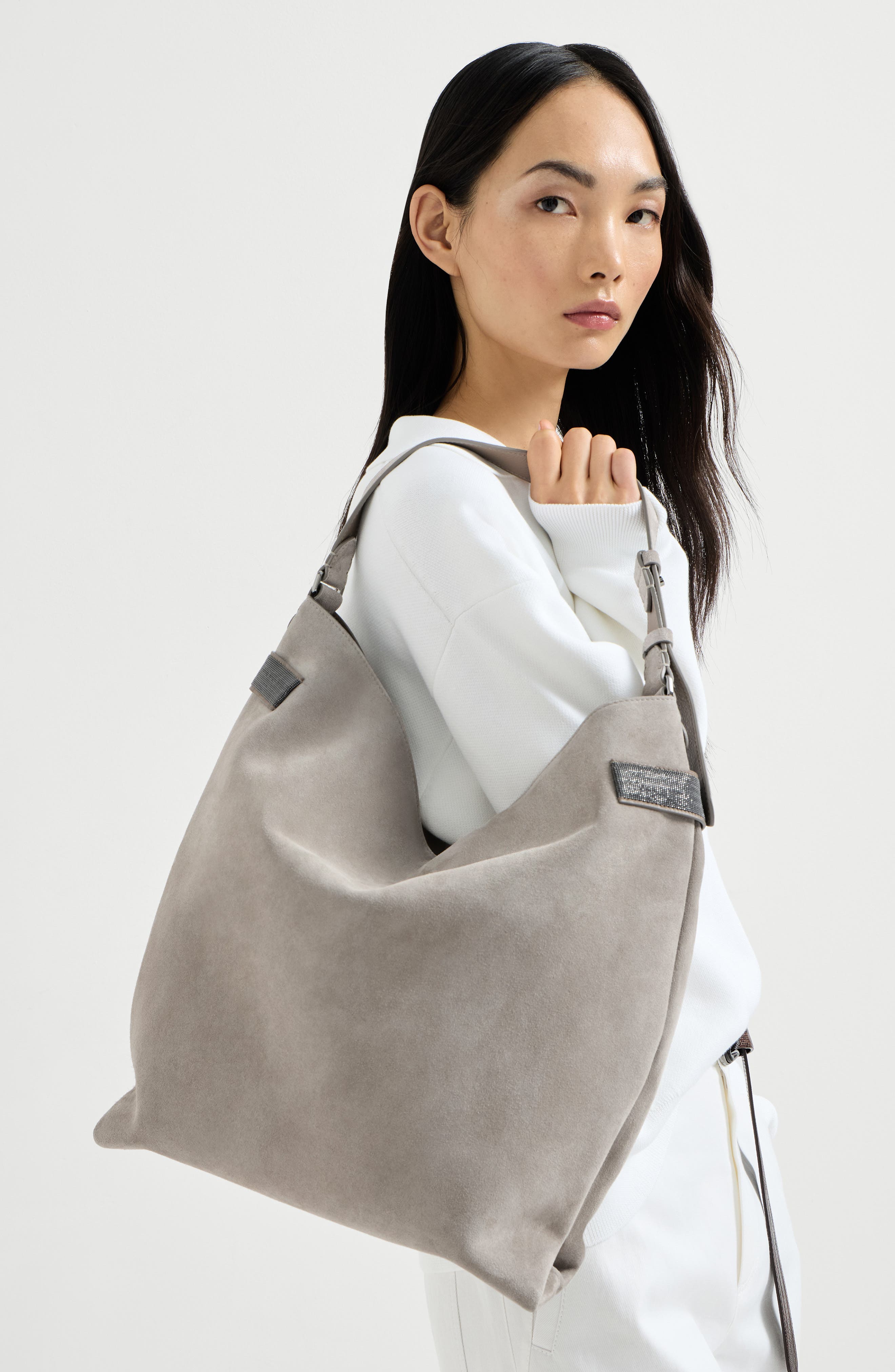 Brunello Cucinelli Suede essence hobo bag, Alternate, color, Light Grey