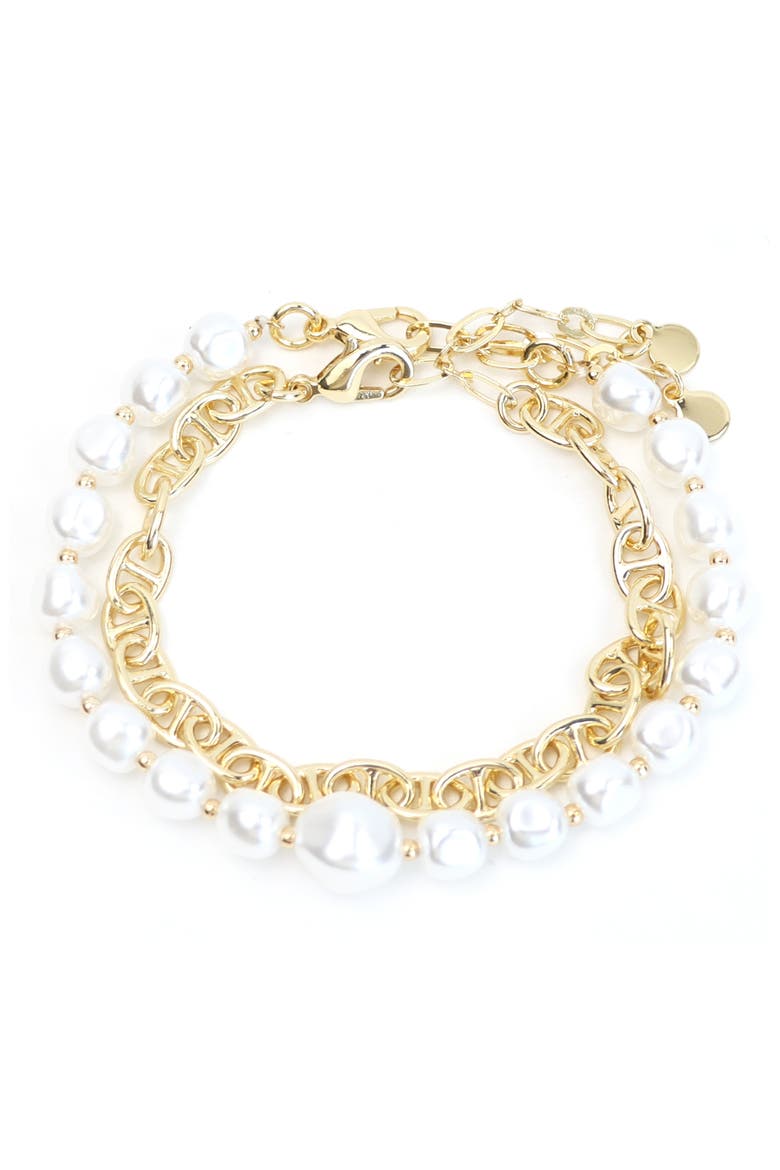 Set of 2 Faux Pearl & Mariner Chain Bracelets, Main, color, WHITE