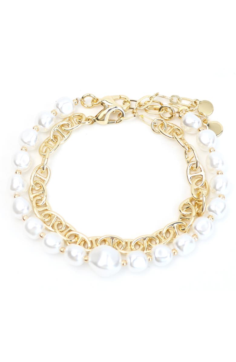 Panacea Set of 2 Faux Pearl & Mariner Chain Bracelets, Main, color, White